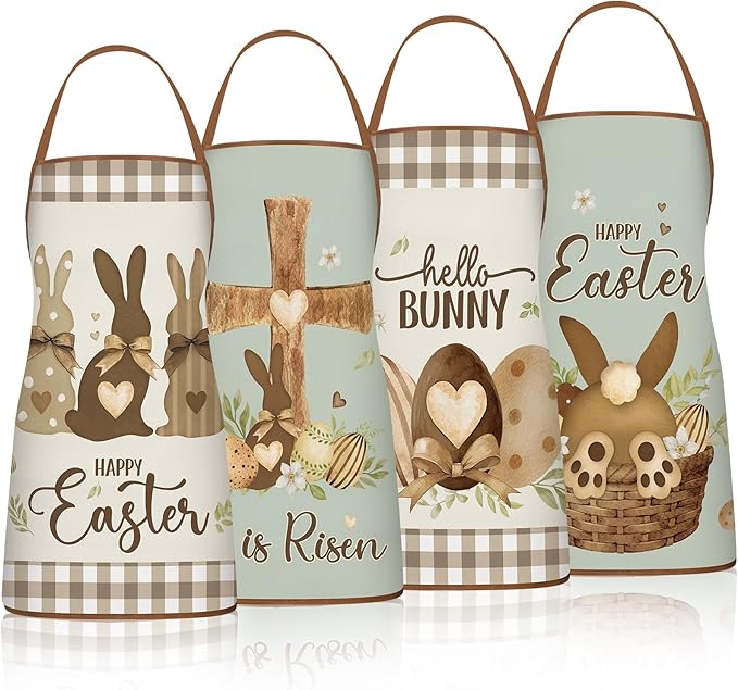 4 Pack 23x30 Inch Easter Bunny Eggs Aprons Buffalo Plaid Aprons Vintage Chef Bib Adjustable Washable Kitchen Aprons(Classic Style)