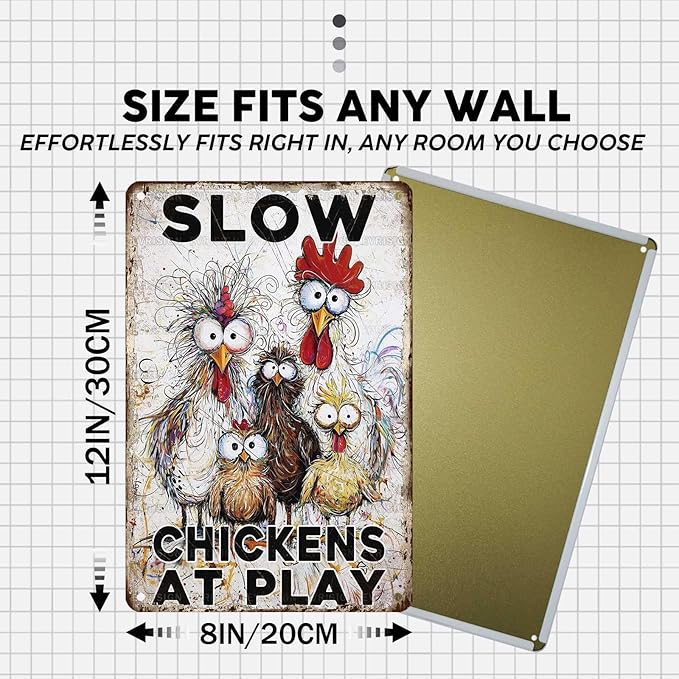 Slow Tin Sign Chickens at Play Vintage Hen Rooster Metal Sign Nostalgic Rustic Chicken Lovers Wall Decor Decorations for Home Farmhouse Poultry House Coop Yard 12 * 8In