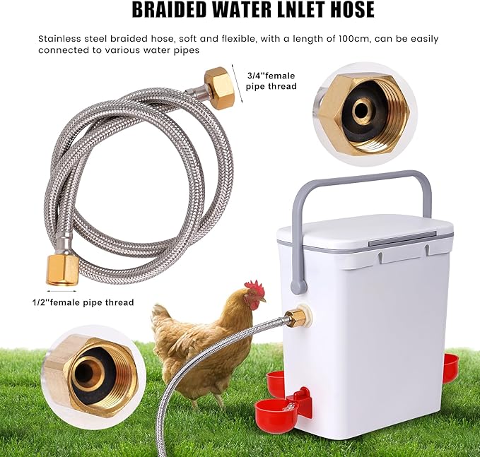 Automatic Chickens Waterer with Float Valve, 2 Gallons Poultry Water Feeder Drinking Dispenser with 4 Water Cups, Chicken Drinker with Hose Attachment for Chicks, Gooses, Ducks, Turkeys