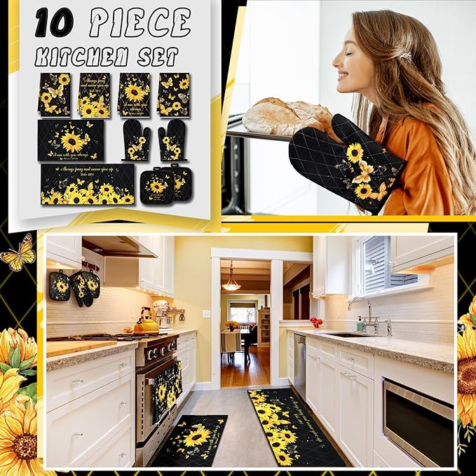10 Pcs Sunflower Butterfly Kitchen Dish Towels Rugs Oven Mitts and Pot Holders Set Farmhouse Kitchen Decor Set for Women Mom Daughter Gift Cooking Baking Grilling (Bright Black)