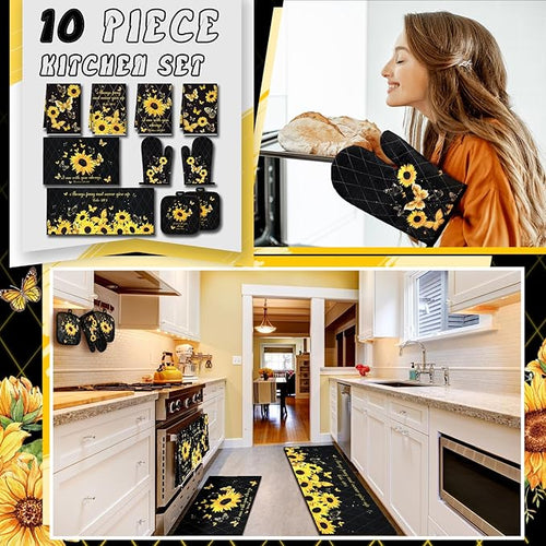 10 Pcs Sunflower Butterfly Kitchen Dish Towels Rugs Oven Mitts and Pot Holders Set Farmhouse Kitchen Decor Set for Women Mom Daughter Gift Cooking Baking Grilling (Bright Black)