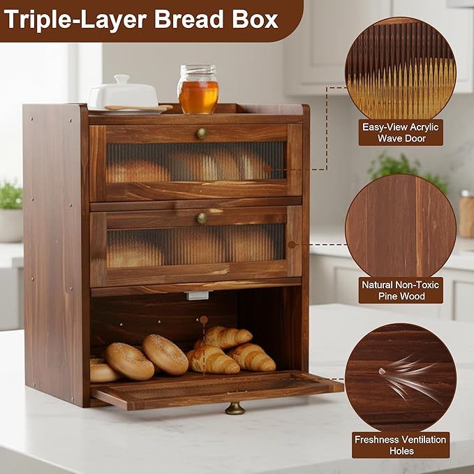 Bread Box for Kitchen Countertop, Bin 3 Layer Bread Storage Container, Wooden Breadbox Holder, Large Capacity Food Organizer, Vintage Multi-functional Container, Pantry Shelf with Acrylic Window