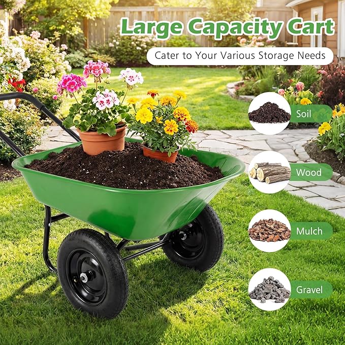 IRONMAX Dual-Wheel Wheelbarrow, Heavy Duty Wheel Barrel with All-Terrain Wheels, 330 LBS Utility Yard Cart with Built-in Stand, Outdoor Gardening Carts for Lawn, Farm, Planting (Light Green)