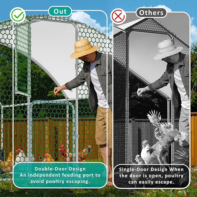 Large Metal Chicken Coop, Walk-in Chicken Run with Feeding Door, Security Lock and Cover, Outdoor Duck/Rabbit Cage Poultry Pen for Backyard, Farm, Yard (Silver - Dome Roof, 13.1 x 9.8 x 6.6 FT)