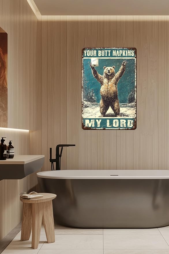 Fun Vintage Brown Bear And Toilet Paper Metal Sign Bear Your Butt Napkins My Lord Novelty Metal Poster Home Kitchen Bathroom Aluminium Sign Art Wall Decor 16x12 Inch