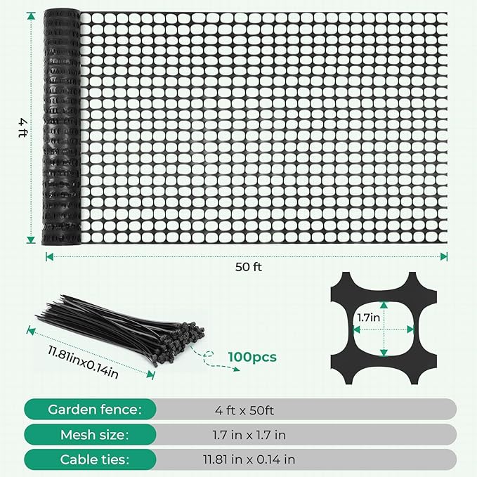 Ohuhu Plastic Garden Fence Safety Fence, 4'x50'/5.3LB Reusable Netting Plastic Mesh Fence Roll, Temporary Fencing for Animal Barrier Construction Snow Fence Poultry Rabbits Chicken Dogs Deer