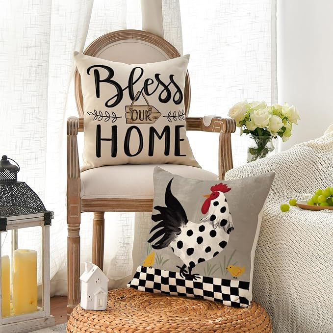AVOIN colorlife Farmhouse Chicken Home Sweet Home Throw Pillow Covers, 18 x 18 Inch Bless Our Home Seasonal Cushion Case Decoration for Sofa Couch Set of 4