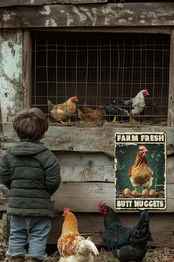 Rustic Vintage Chicken Farm Metal Sign Chicken Coop Farm Fresh Butt Nuggets Metal Poster Home Garden Farmhouse Restaurant Garage Cafe Aluminium Sign Art Wall Decor 16x12 Inch