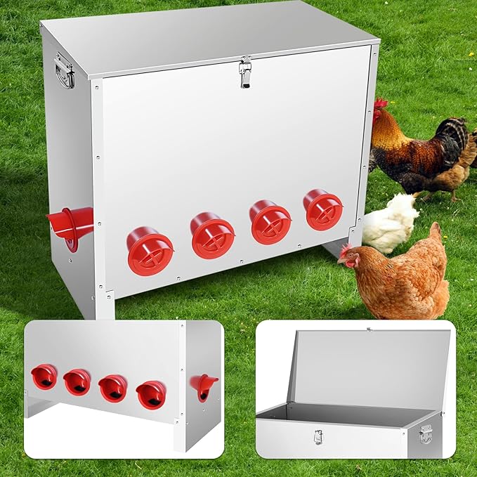 Metal Chicken Feeder 85 lbs Capacity, Galvanized Chicken Feeder with 10 Ports, Waterproof Automatic Poultry Feeder Suitable for Geese, Ducks, Turkeys, Quails