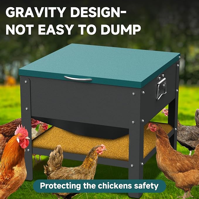 Heavy-Duty Automatic Chicken Feeder 80 lbs Capacity, No-Waste Gravity Poultry Feeder with Lid, Waterproof Galvanized Steel Feeding Box for Hens, Up to 16 Chickens for Coop & Run Use(Green)