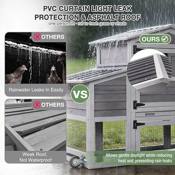 80" Large Chicken Coop on Wheels, with Run, Outdoor Wooden Hen House with Nesting Box, Leakproof Pull-Out Tray & Waterproof Roof, for 4–6 Chickens
