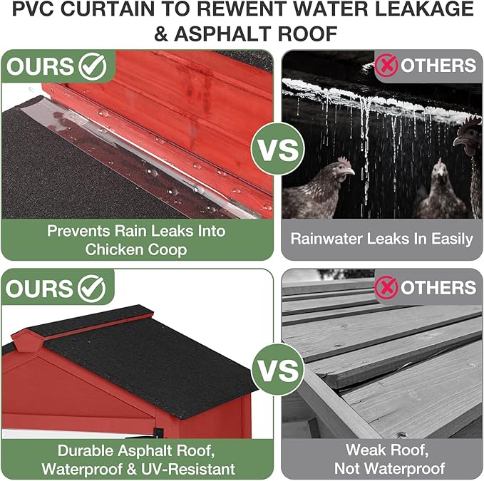 Large Chicken Coop with Wheels, Outdoor Wooden Hen House with Run & Nesting Box, for 3-5 Chickens, Waterproof Asphalt Roof, Leakproof Tray, Expandable Poultry Cage-Red