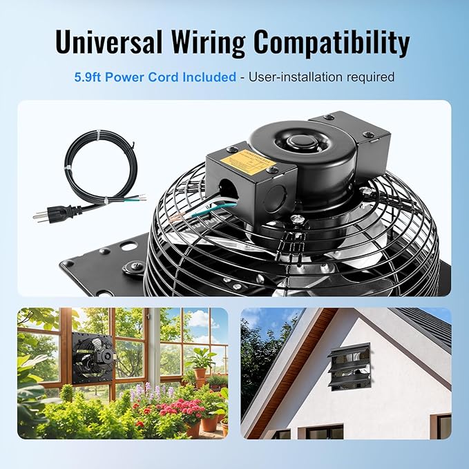 Upgraded 12" Shutter Exhaust Fan, 980 CFM High-Speed Wall Mounted Attic Vent Fan with Thermostat, Quiet Cooling Ventilation for Garage, Greenhouse, Attic, Basement, Chicken Coop, Black