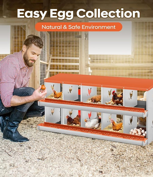 10-Compartment Double-Tier Metal Chicken Nesting Box - Rollaway Egg Laying Station - Vented, Easy-Clean Design, Wall Mount or Freestanding, Includes Egg Collection Tray, Red, Double Layer 10
