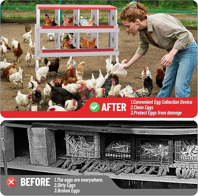 Metal Chicken Nesting Boxes, Heavy-Duty Galvanized Steel Egg Laying Box with 8 Compartments, Rustproof, Easy to Install & Clean, Wall-Mountable Design for Poultry Coops- Red with Stand