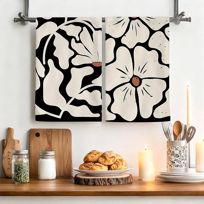 Boho Floral Kitchen Towels Decorative Set of 4, Black Geometric Dish Towel, Beige Decor Hand & Tea Towels for Kitchen Drying, Housewarming Gifts for Women