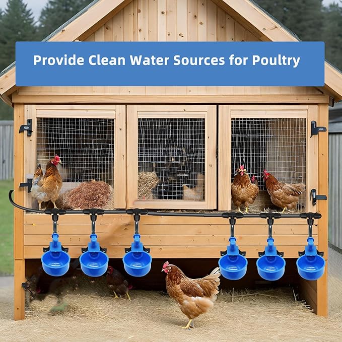 Automatic Chicken Waterer – Float Controlled 6 pcs Chicken Water Cups with Hose Fitting, No-Spill Chickens Watering System,Quick-Connect Poultry Water Dispenser.