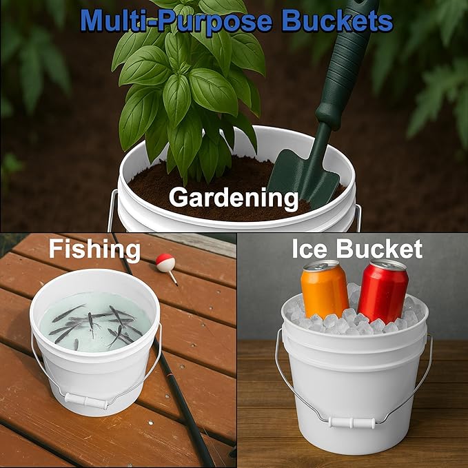 1-Gallon Bucket with Airtight Lid – Made in USA, Food Grade BPA Free Plastic, Heavy Duty Multi-Use, Metal Handle with Grip, Stackable Storage – White, 10 Pack