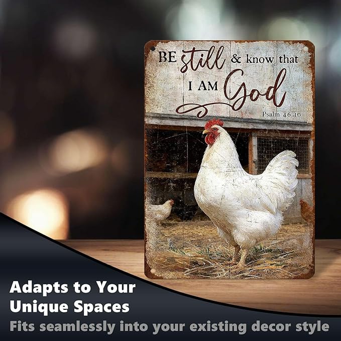Chicken Signs Rooster Kitchen Decor Be Still And Know That I Am God Tin Signs Vintage Coop Metal Decor Rustic Wall Art For Home Farmhouse Farm Room Poultry House Yard Cafe 16 * 12 In