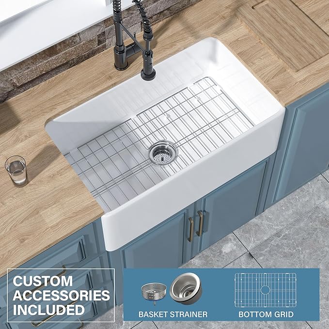 White Farmhouse Sink 30 x 18 Inch, Firecaly Apron Front Undermount Farm Kitchen Sink Single Bowl, with Custom Accessories 2 Types, for Kitchen, Laundry, Small Space