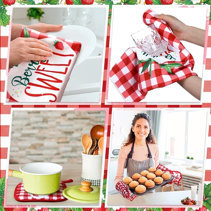 10 Pcs Strawberry Kitchen Dish Towels Rugs Oven Mitts and Pot Holders Set Farmhouse Kitchen Decor Set for Women Mom Daughter Gift Cooking Baking Grilling (Red and White)