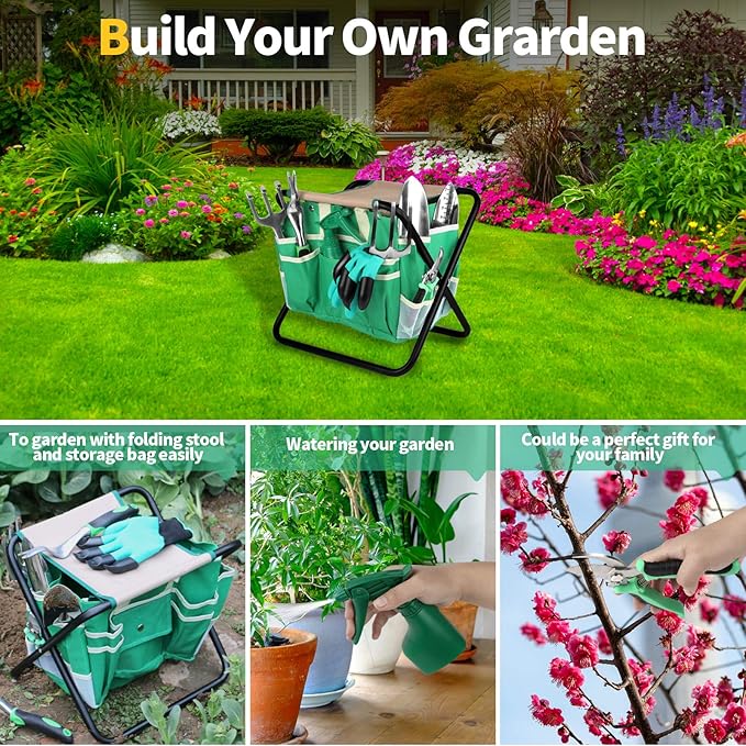 Kitness 9 PCS All-in-One Garden Tools Set, Heavy-Duty Cast-Aluminum Gardening Kit with Folding Stool Seat and Detachable Canvas Tool Bag, Durable Hand Tools Gift Set for Gardening Lovers