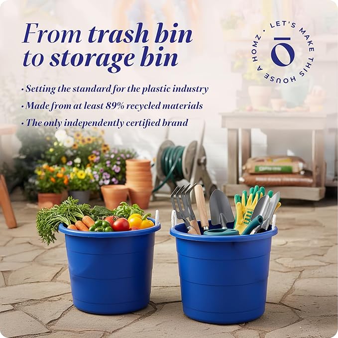 HOMZ 2-Pack Utility Tub, Large Plastic Storage Bucket with Rope Handles, 18 Gallon, Blue - Portable Indoor and Outdoor Buckets for Kitchen, Laundry, Garden, Bathroom, and Garage Organization