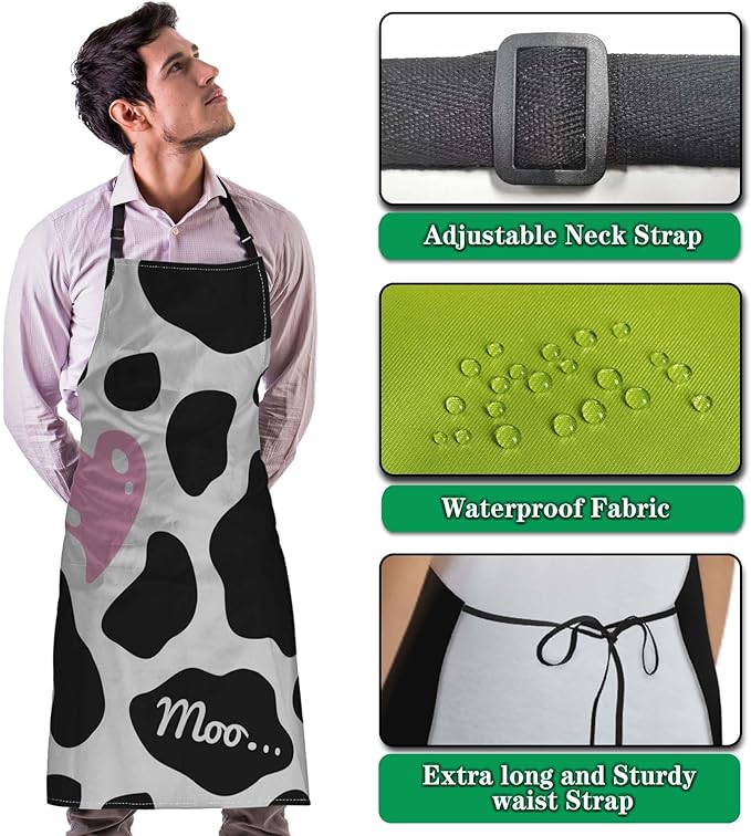 Chef Apron for Men Black and White Cow Print Love Heart Fun Aprons for Women for Kitchen Cooking Restaurant BBQ Painting Crafting 27” (W) x 31” (H), Waterproof Aprons