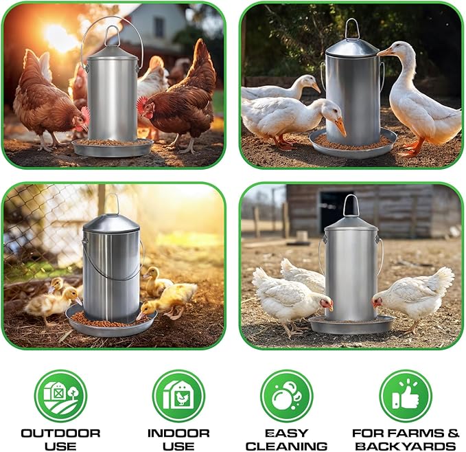 Plexon 8.8 Lb Poultry Feeder Stainless Steel Hanging Chicken Feeder no Waste Food-Grade with 10 Gallon Galvanized Storage Bucket with Locking Lid for Bird Seed Chicken Feed, Bundle