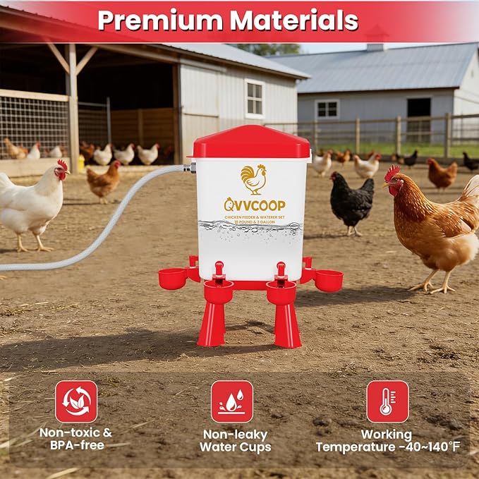 Chicken Feeder, Chicken Waterer with Float Valve, Automatic Poultry Feeder and Waterer Set for Duck Turkey, Chicken Coop Accessories, 3 Gallon Set(Upgraded), Red