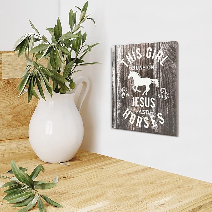 JennyGems This Girl Runs on Jesus and Horses Wooden Sign, Country Girl Gift and Decor, Horse Decorations, Made in USA