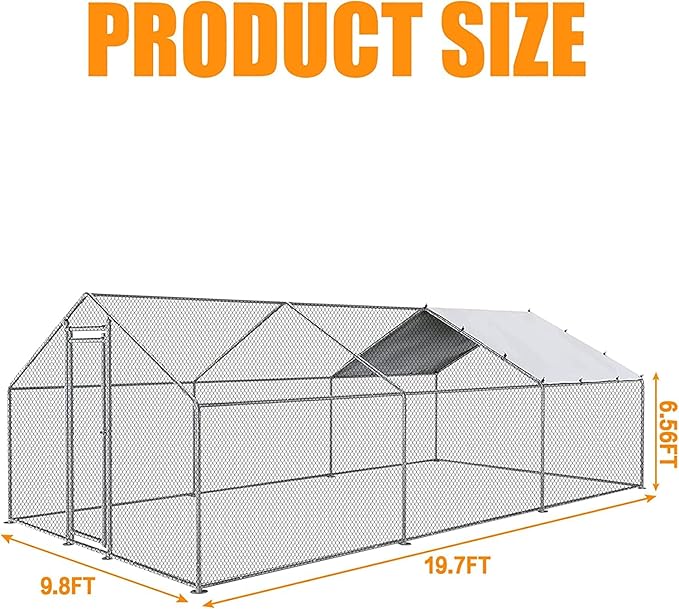 Large Metal Chicken Coop, Walk-in Poultry Cage Galvanized Hen Playpen House with with Water-Resident and Anti-UV Cover, Duck Rabbit House Outdoor, Backyard Farm, 9.8' L x 19.7' W x 6.5' H