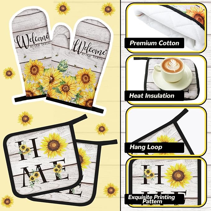 10 Pcs Farmhouse Sunflower Kitchen Decor Set Sunflower Kitchen Towels and Rugs Oven Mitts Pot Holders for Cooking Baking Grilling Gift
