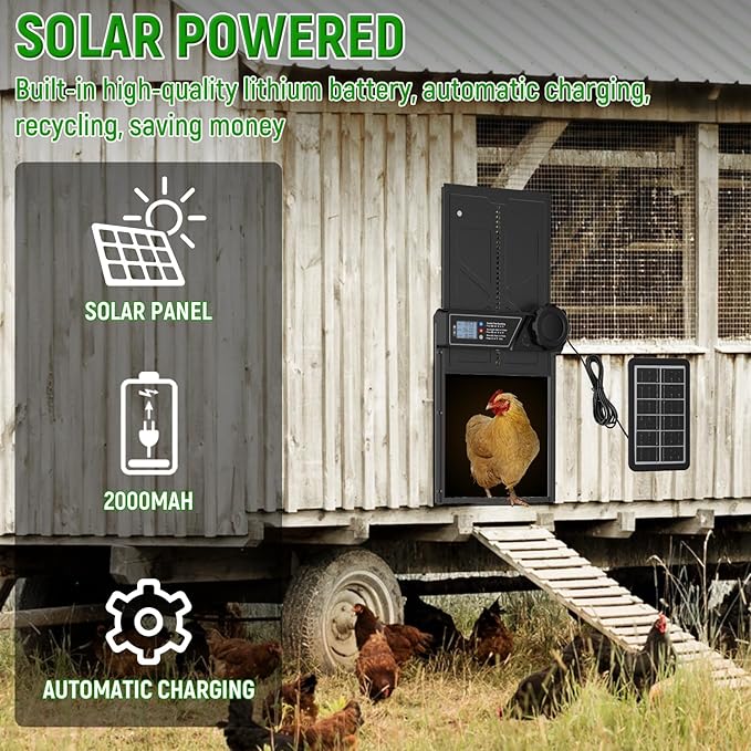 Automatic Chicken Coop Door Solar Powered, LCD Display Automatic Chicken Door with Timer, Aluminum Chicken Door with Remote Control