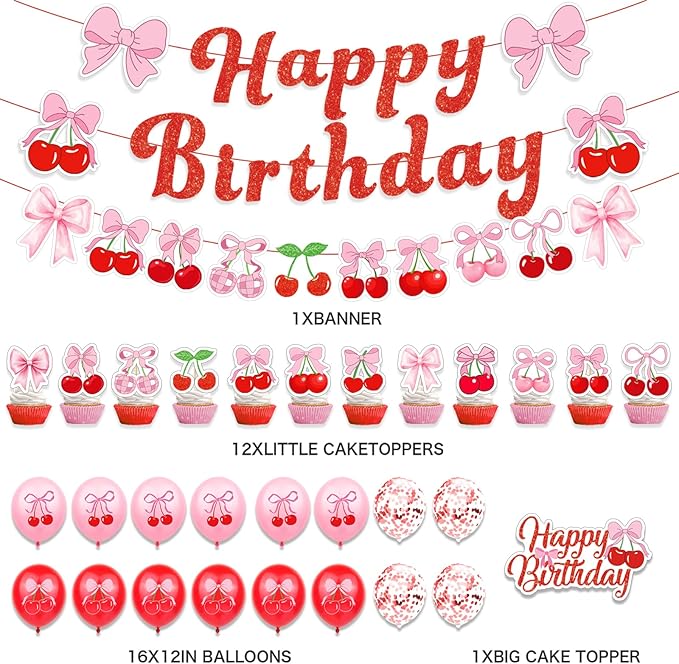 Pink Bow Cherry Themed Birthday Decorations for Princess Girls Coquette Birthday Party Decorations