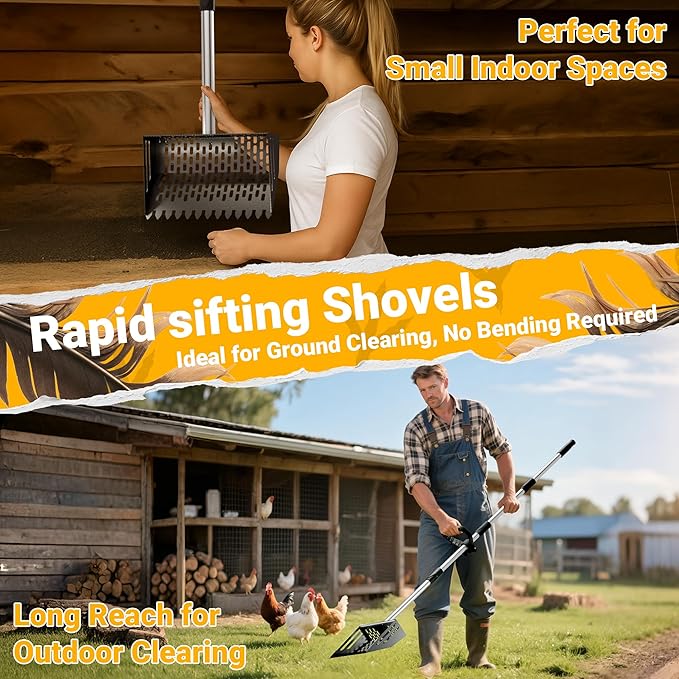 Pugala 5-in-1 Large Chicken Poop Scooper & Rake – 24" to 68" Long Adjustable Stainless Steel Handle, 10" Wide Metal Sifting Shovel Head – Heavy Duty Chicken Coop Cleaning Tool for Litter & Sand,Black