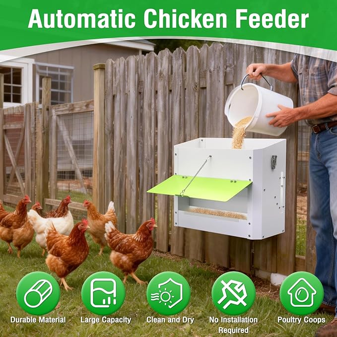 25LBS Automatic Chicken Feeder-No Waste Metal Poultry Feeder with View Window & Rain Cover,Hanging Chicken Food Dispenser for Outdoor Coops，No Assembly, Rodent Proof
