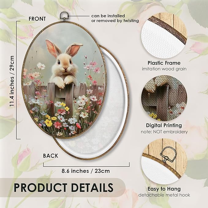 Fewgb Rustic Bunny Floral Oval Wall Art Decor Framed for Rabbit Lovers Gifts, Easter Bunny Canvas Wall Art Prints Picture, Farmhouse Cottagecore Hanging Room Decor Artwork for Nursery Gallery 9x12