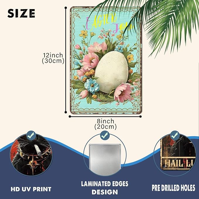 Easter Egg Retro Tin Sign Fun Metal Sign “Easter Joy” For Home Living Room Garden Yard Outdoor Wall 8X12Inch