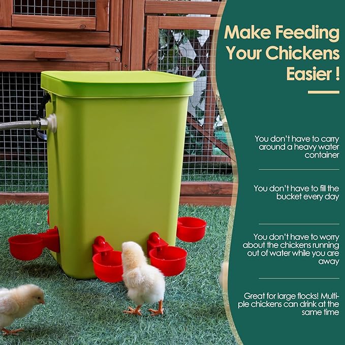 Automatic Chicken Waterer with Float Valve, 3.2 Gallon Hanging Poultry Waterer with 6 Water Cups, Large Duck Quail Turkey Goose Chicken Coop Water Dispenser