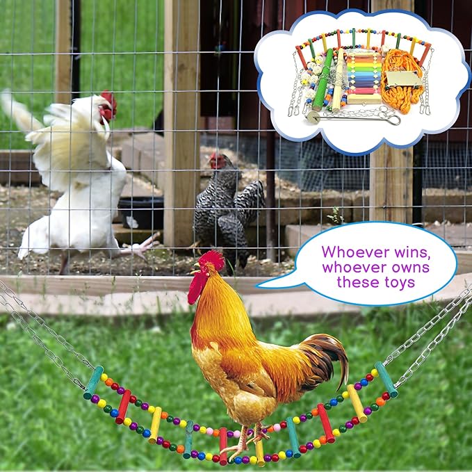 Chicken Toys for Hens, 10 Pack Chicken Toys for Coop, Chicken Mirror Swing Xylophone, Colorful Ladder and Small Toys for Chicken, Vegetable Fruits Hanging Feeder for Chicken Coop Accessories