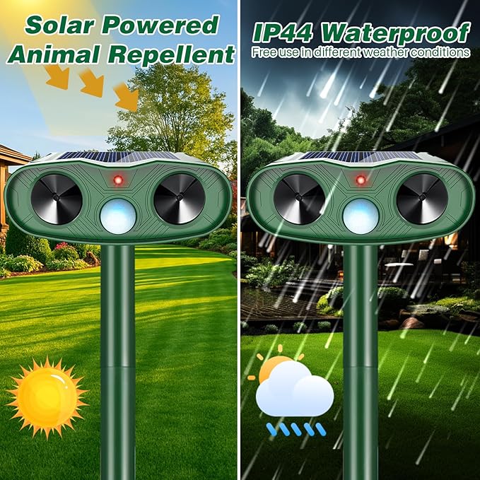 2026 IP65 Sonic Raccoon Fortress Pro Deer Repellent Outdoor, Solar Ultrasonic Animal Repellent Outdoor Squirrel Deterrent with Motion Sensor to Scare Cat Rabbit Skunk Dog Out of Garden Farm(4Pack)