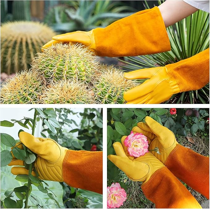 Thorn Proof Gardening Gloves for Men & Women, Long Cowhide Leather Rose Pruning Gloves with Forearm Protection, Puncture Resistant Gauntlets for Cacti, Blackberries & Yard Work(Butter Yellow,Medium)