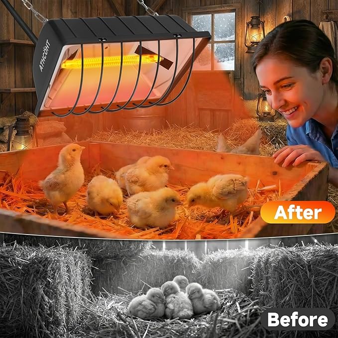 300W Heat Lamp for Chickens Brooder Heater 2PCS Chicken Coop Heater Upgraded 12000H Carbon Fiber Bulbs Adjustable 2 Mode Temp Safe Fire Proof Chicken Heating Plate UL-Certified for Poultry Duck Quail