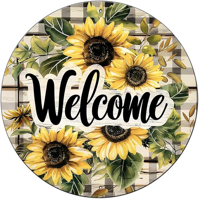 Welcome Sunflower Metal Tin Sign Vintage Round Sign Aluminum Sign for Cafe Kitchen Porch Window Home Wall Decor 8 Inch