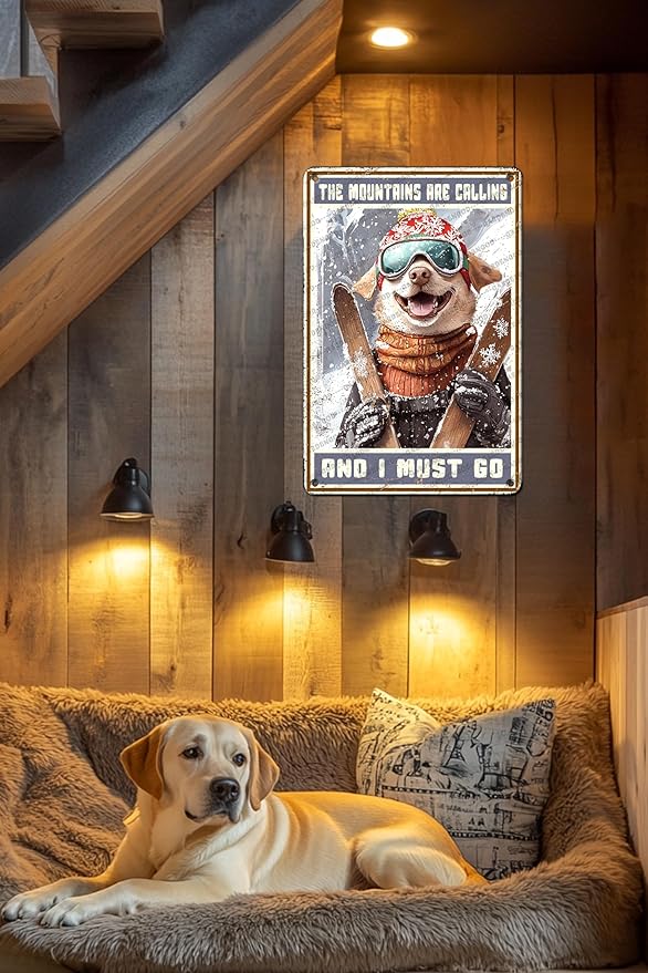 Funny Ski Decor Metal Sign Bulldog Skiing The Mountains Are Calling And I Must Go Skiing Metal Poster Home Kitchen Cafe Aluminium Sign Art Wall Decor 16x12 Inch