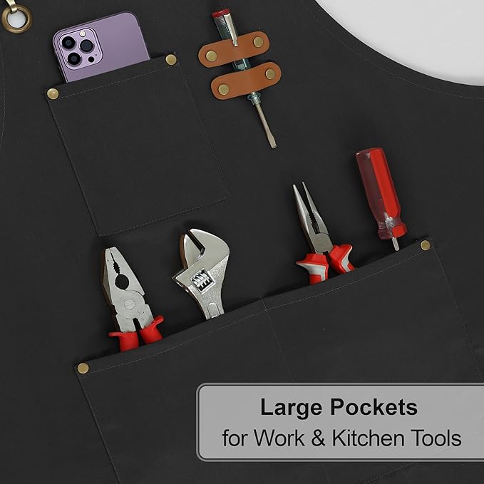 RUVANTI Work Apron for Men, Oil & Water Repellent, Poly Cotton Cross Back Aprons for Women with Pockets, Adjustable up to XXL
