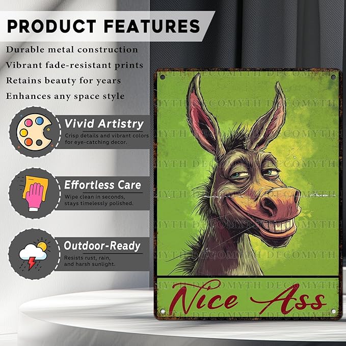 Vintage Donkey Tin Sign Nice Ass Retro Wall Decor Decorations for Home Funny Donkeys Lovers Poster Indoor Store Cafe Toilet Bathroom Restroom Bar Pubs Farmhouse Farm Room 12 * 16inch