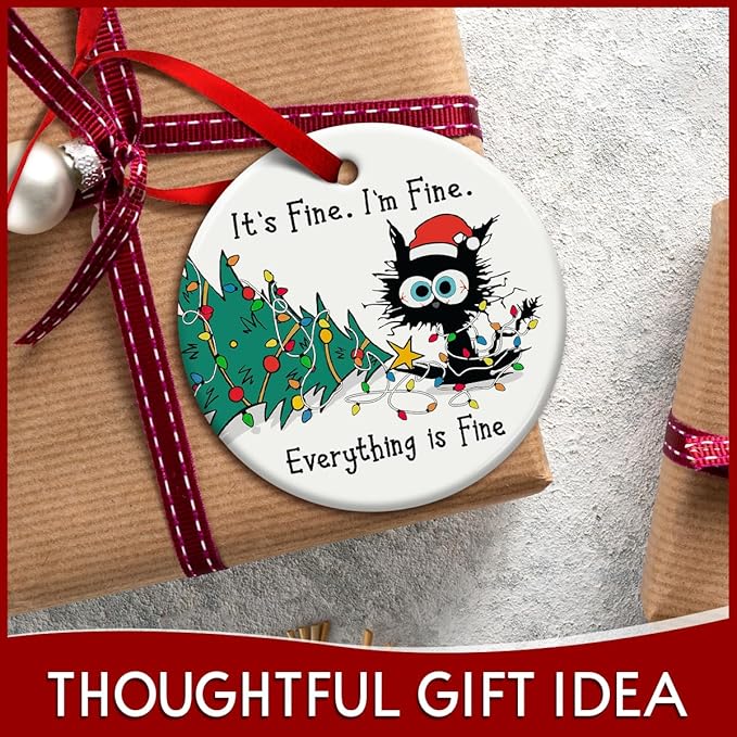 Funny Christmas Hanging Ornaments, Black Cat Tree Ornament, Gifts for Cat Lovers - It's Fine I'm Fine