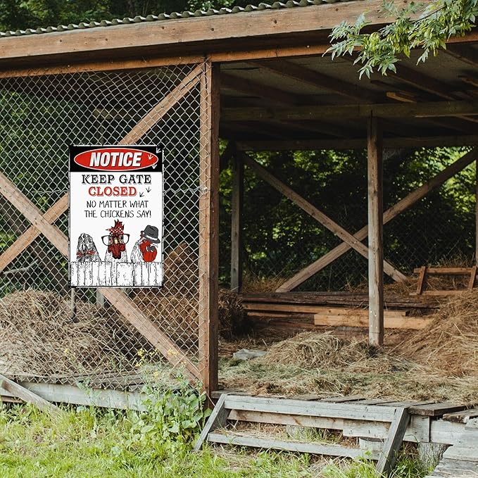Funny Chicken Sign, Metal Chicken Coop Tin Signs, Notice Keep Gate Closed, Yard Sign Garage Farm Garden Wall Decor Sign Plaque Outdoor for Home Fence 8 X 12 Inches